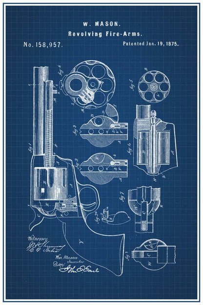 Revolver Firearm Patent Blueprint | 1875 W. Mason Gun Design | Western Wall Art Poster - Vintage & Retro Poster