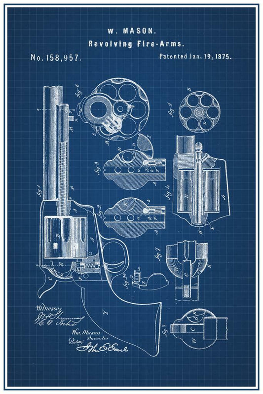 Revolver Firearm Patent Blueprint | 1875 W. Mason Gun Design | Western Wall Art Poster - Vintage & Retro Poster