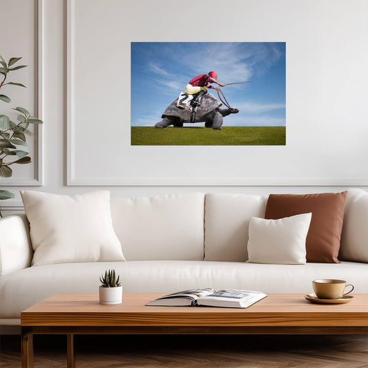 Jockey Riding On a Turtle | Surreal Sports Art Print | Funny Animal Poster - Sports Poster