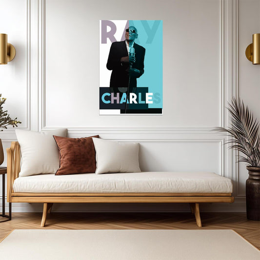 Ray Charles Color Block Portrait | Pop Art Style Music Poster | Vintage Microphone Print - Music Poster