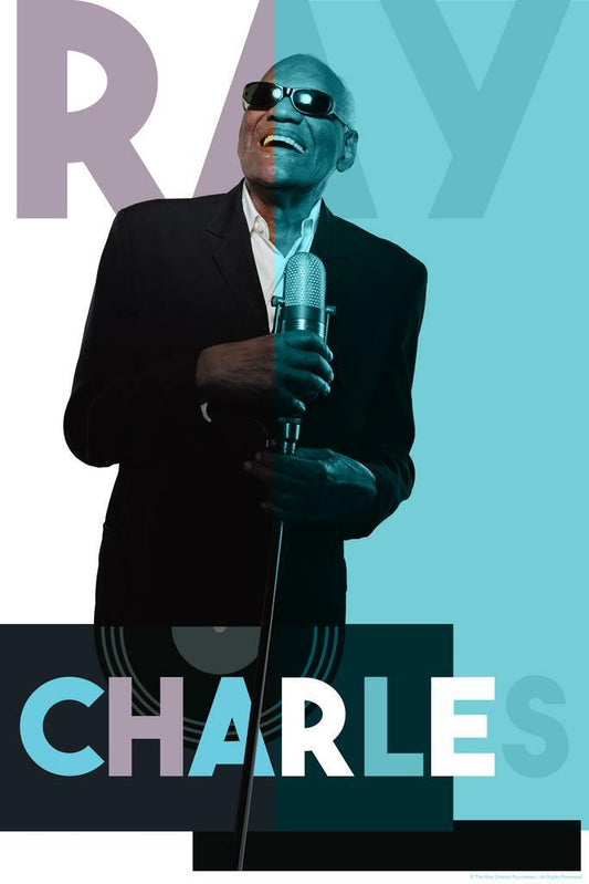 Ray Charles Color Block Portrait | Pop Art Style Music Poster | Vintage Microphone Print - Music Poster
