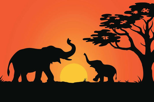 Elephant Family at Sunset | Silhouette Illustration | Modern Wildlife Art Poster - Graphic & Art Poster