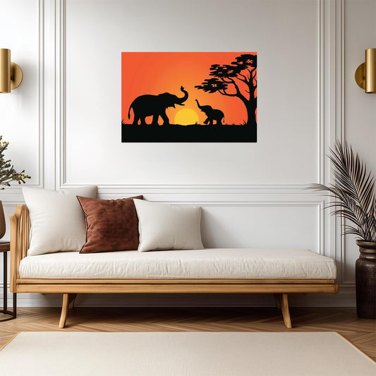 Elephant Family at Sunset | Silhouette Illustration | Modern Wildlife Art Poster - Graphic & Art Poster