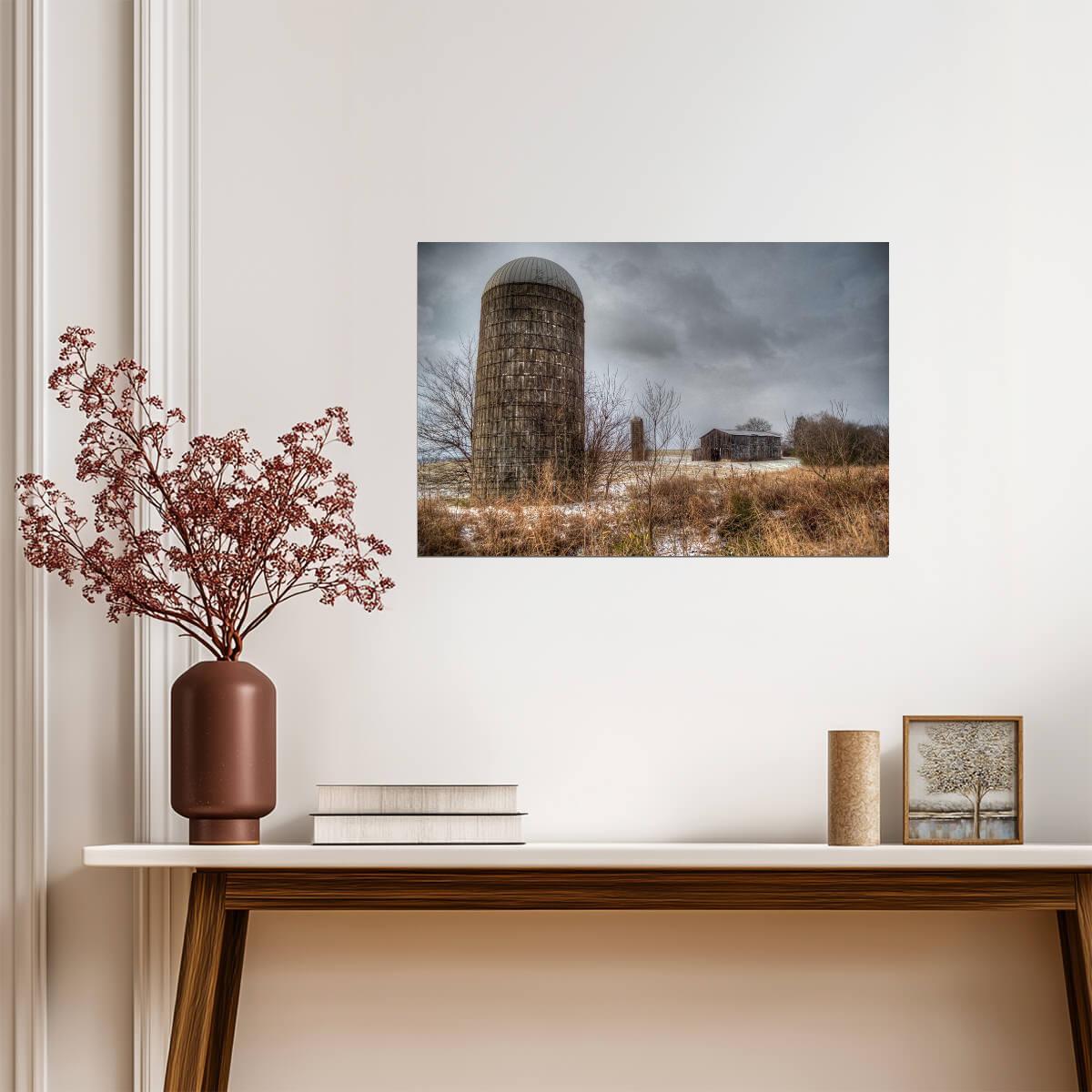 Farm Silos in December | Rural Winter Photography | Rustic Landscape Poster - Photography Poster