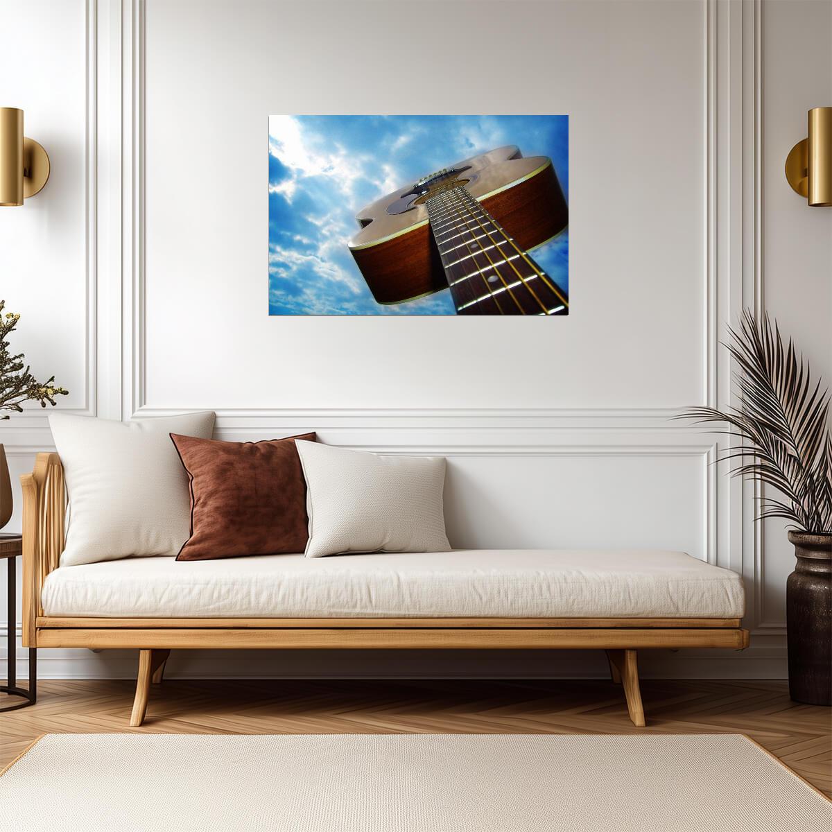 Acoustic Guitar Against a Blue Sky | Low Angle Photography | Music Art Poster - Photography Poster