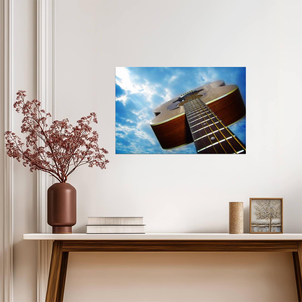 Acoustic Guitar Against a Blue Sky | Low Angle Photography | Music Art Poster - Photography Poster