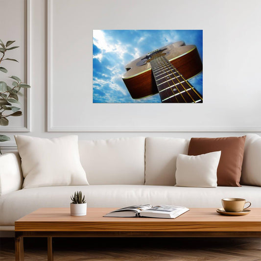 Acoustic Guitar Against a Blue Sky | Low Angle Photography | Music Art Poster - Photography Poster