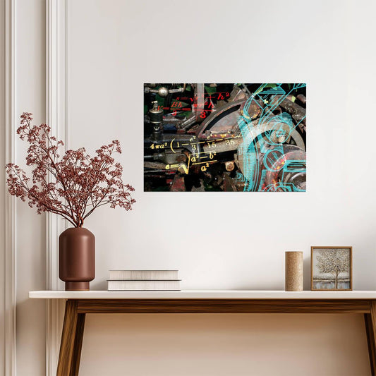 Abstract Engineering Collage | Machinery Blueprints and Physics Formulas | Industrial Art Poster - Graphic & Art Poster
