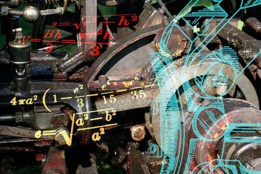Abstract Engineering Collage | Machinery Blueprints and Physics Formulas | Industrial Art Poster - Graphic & Art Poster