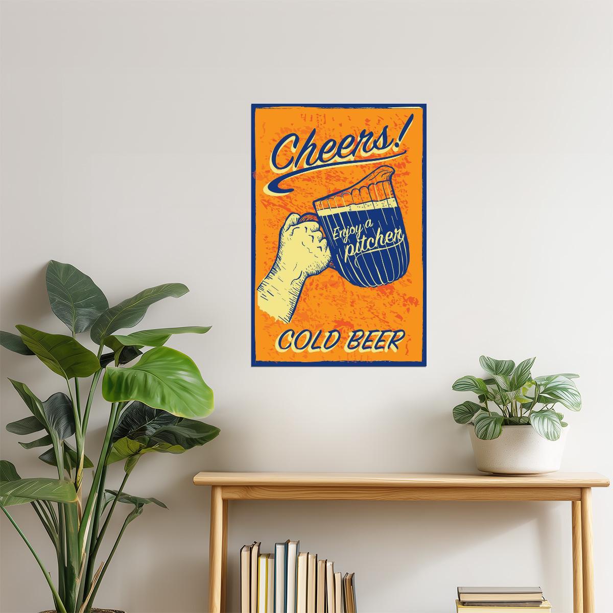 Cheers Cold Beer Pitcher Poster | Retro Bar Sign | Vintage Wall Art