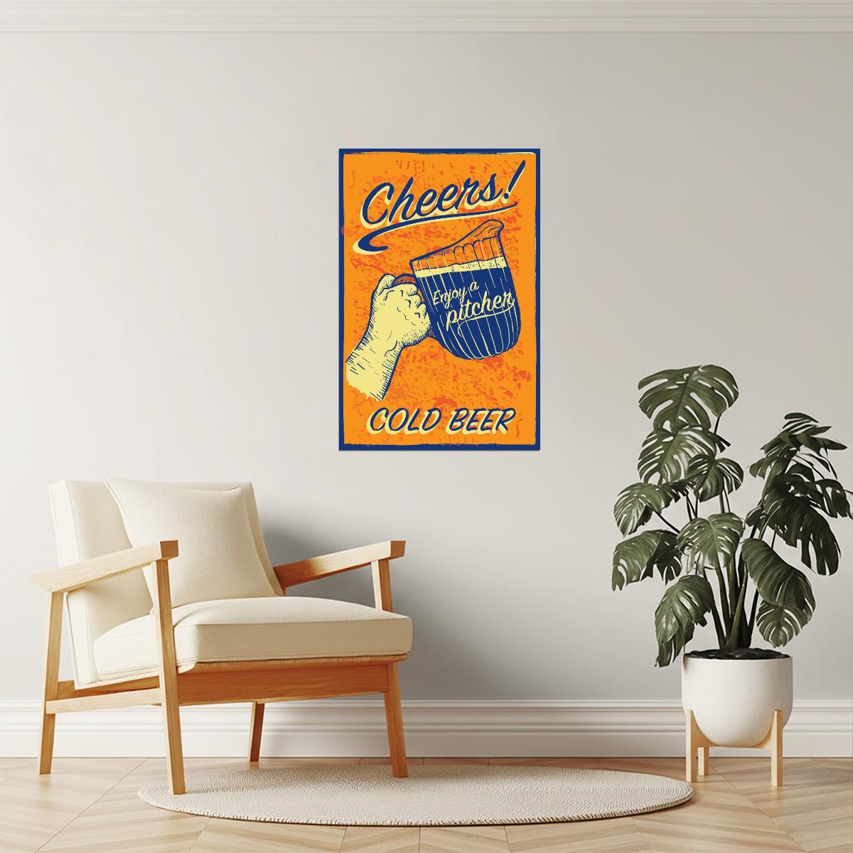 Cheers Cold Beer Pitcher Poster | Retro Bar Sign | Vintage Wall Art