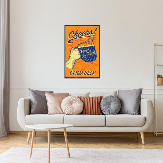 Cheers Cold Beer Pitcher Poster | Retro Bar Sign | Vintage Wall Art