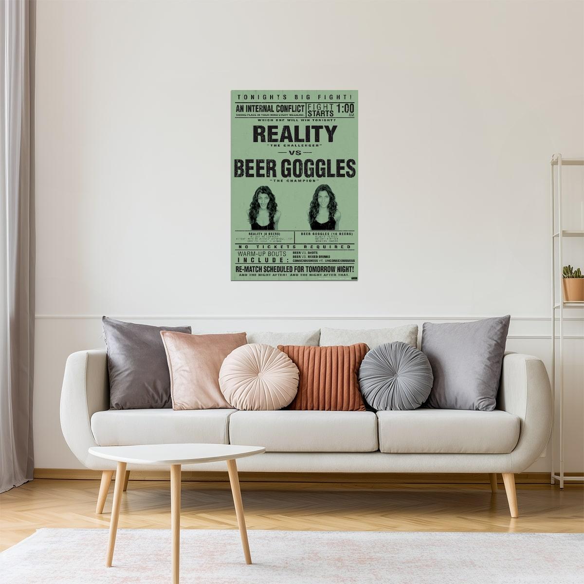 Reality Vs. Beer Goggles Poster | Funny College Humor | Man Cave Wall Art