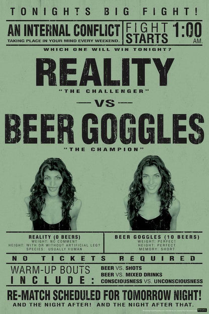 Reality Vs. Beer Goggles Poster | Funny College Humor | Man Cave Wall Art