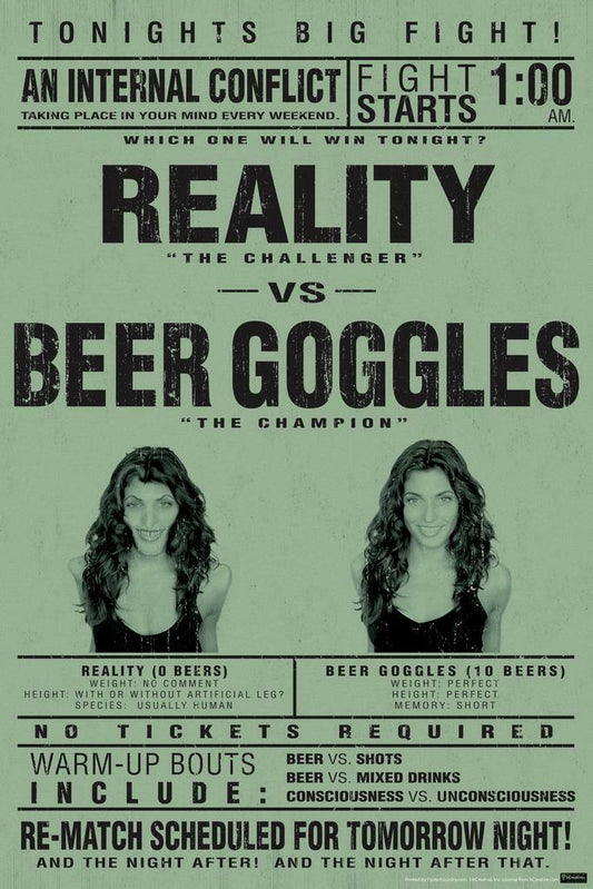 Reality Vs. Beer Goggles Poster | Funny College Humor | Man Cave Wall Art