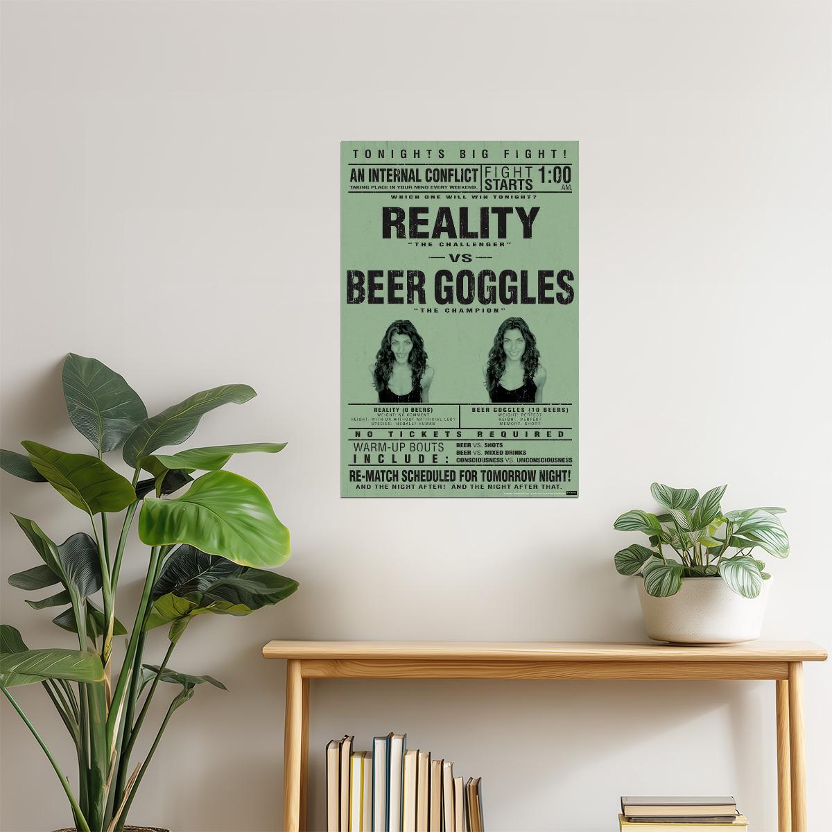 Reality Vs. Beer Goggles Poster | Funny College Humor | Man Cave Wall Art