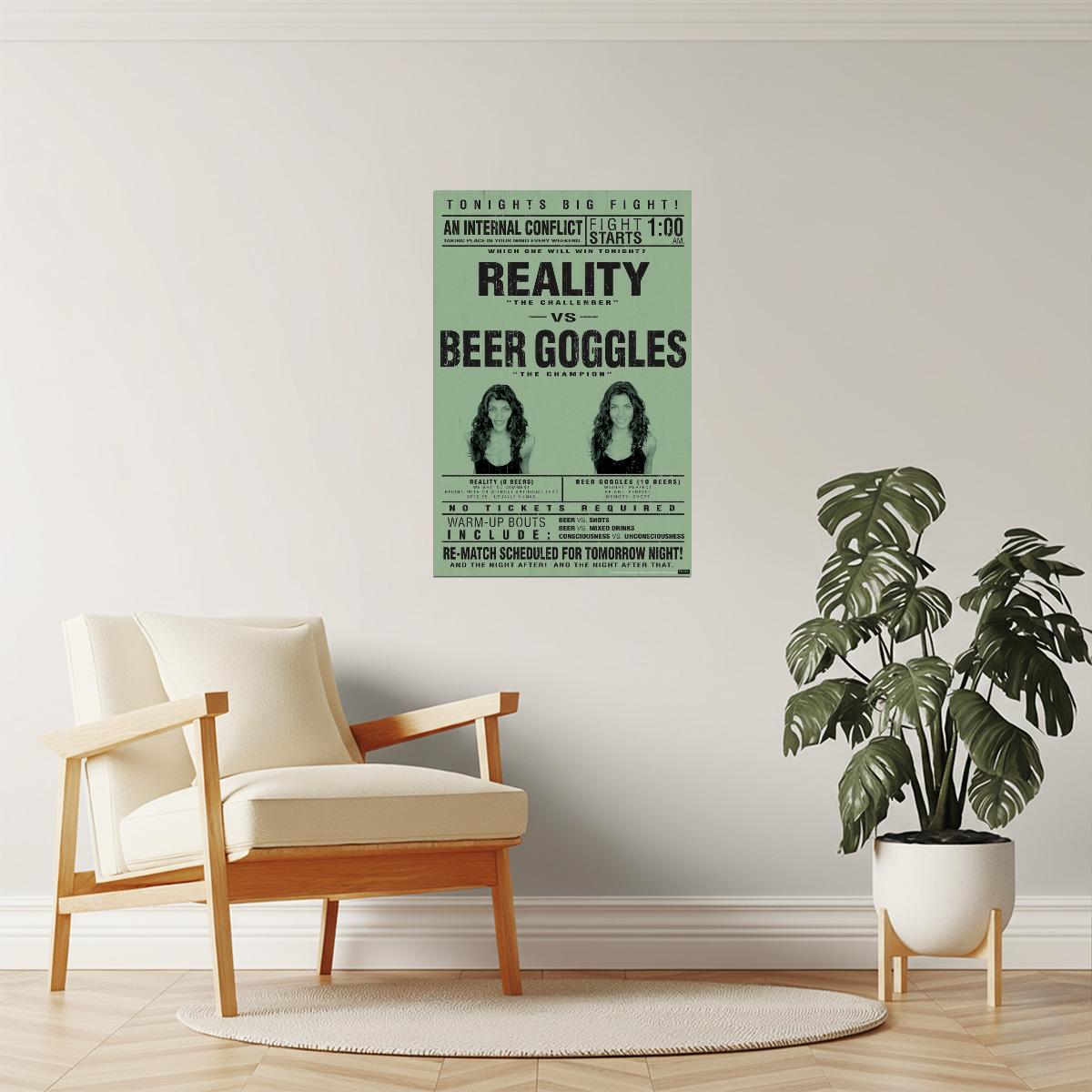 Reality Vs. Beer Goggles Poster | Funny College Humor | Man Cave Wall Art