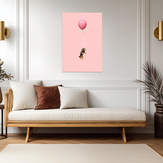 Cute Dog Tied to a Balloon and Floating | Surreal Photography Art | Whimsical Pet Poster - Photography Poster