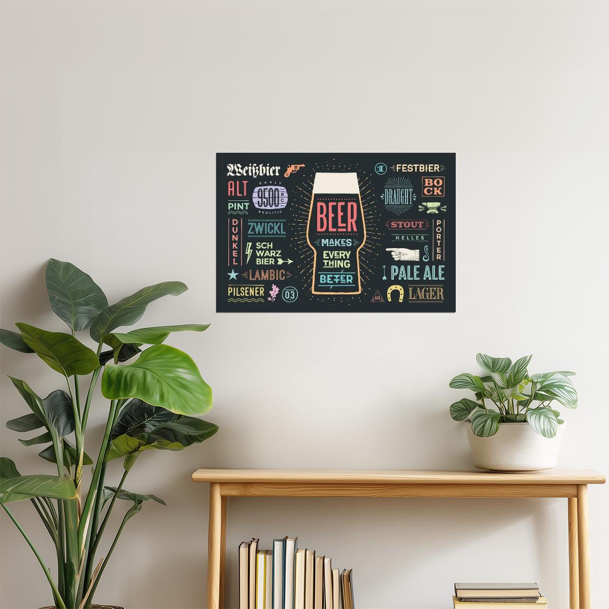 Beer Makes Everything Better Poster | Funny Quote Sign | Man Cave Wall Art