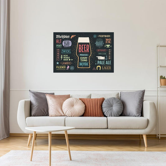 Beer Makes Everything Better Poster | Funny Quote Sign | Man Cave Wall Art