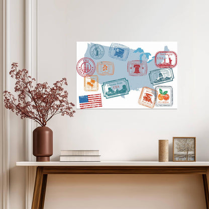 USA Retro Passport Stamps | Vintage Travel Collage | American Wall Poster