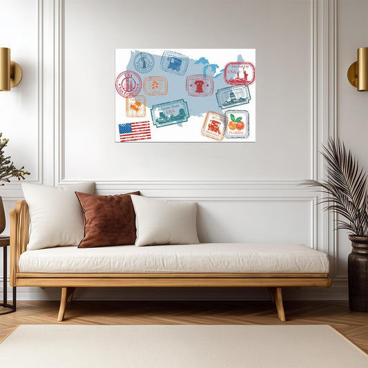 USA Retro Passport Stamps | Vintage Travel Collage | American Wall Poster