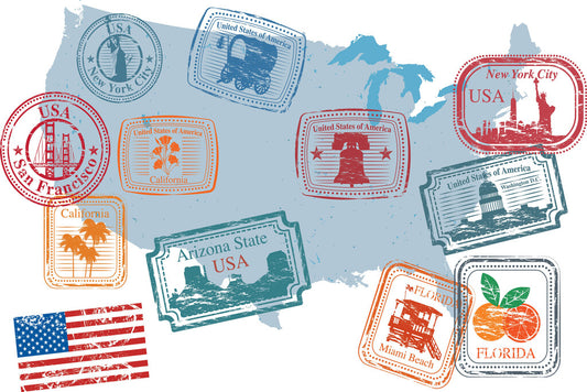USA Retro Passport Stamps | Vintage Travel Collage | American Wall Poster