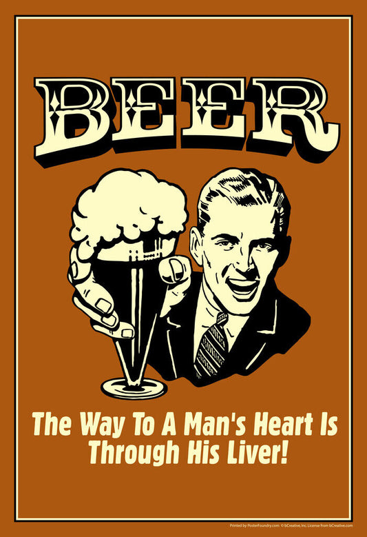 The Way To A Man's Heart Beer Poster | Funny Retro Humor | Man Cave Decor