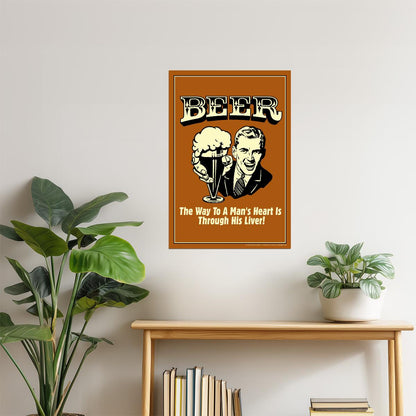 The Way To A Man's Heart Beer Poster | Funny Retro Humor | Man Cave Decor