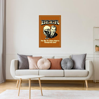 The Way To A Man's Heart Beer Poster | Funny Retro Humor | Man Cave Decor