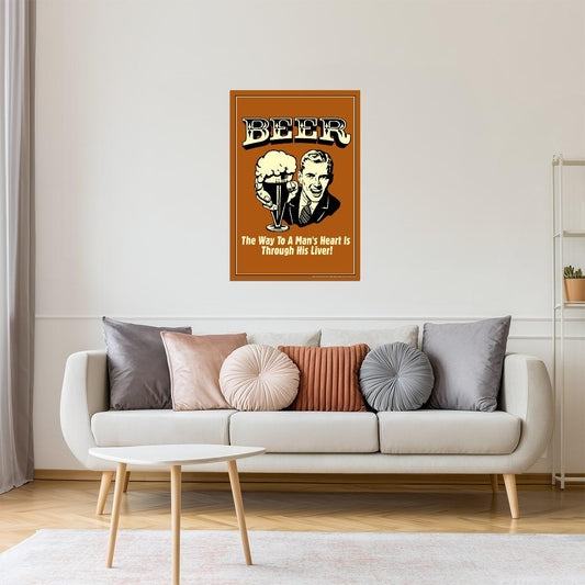 The Way To A Man's Heart Beer Poster | Funny Retro Humor | Man Cave Decor
