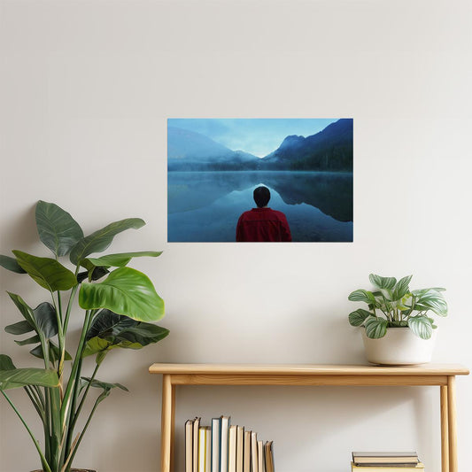 Man by Foggy Lake Poster | Moody Landscape Photography | Nature Wall Art