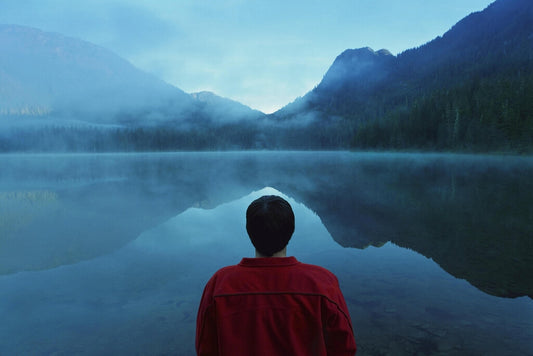 Man by Foggy Lake Poster | Moody Landscape Photography | Nature Wall Art