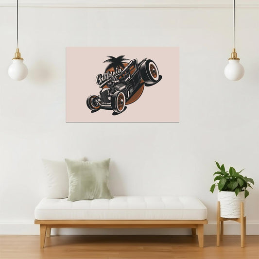 California Hot Rod Poster | Tropical Palm Tree Art | Vintage Car Decor
