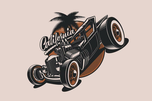California Hot Rod Poster | Tropical Palm Tree Art | Vintage Car Decor