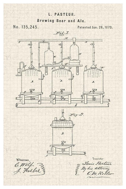 Louis Pasteur Beer Brewing Diagram Poster | Vintage Patent | Brewery Wall Art