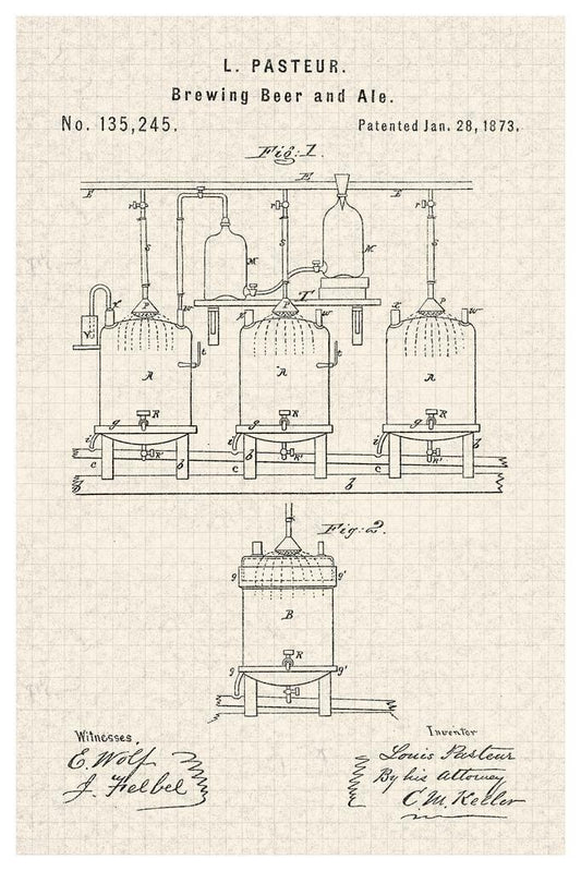 Louis Pasteur Beer Brewing Diagram Poster | Vintage Patent | Brewery Wall Art