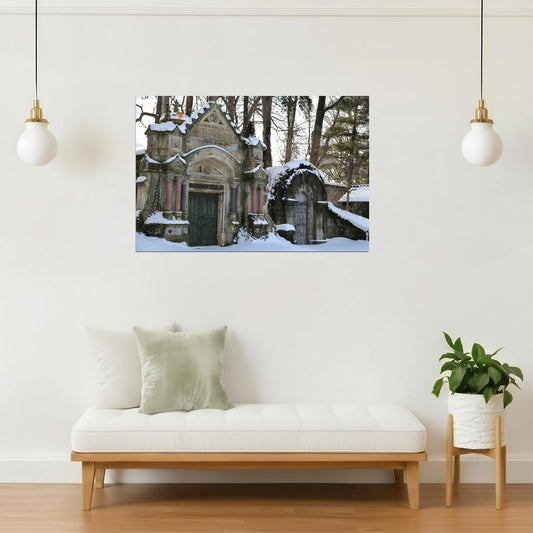 Snowy Mausoleums Poster | Lake View Cemetery Photography | Winter Wall Art