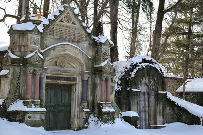 Snowy Mausoleums Poster | Lake View Cemetery Photography | Winter Wall Art