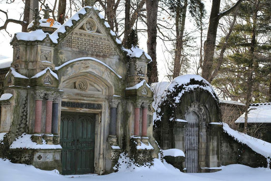 Snowy Mausoleums Poster | Lake View Cemetery Photography | Winter Wall Art