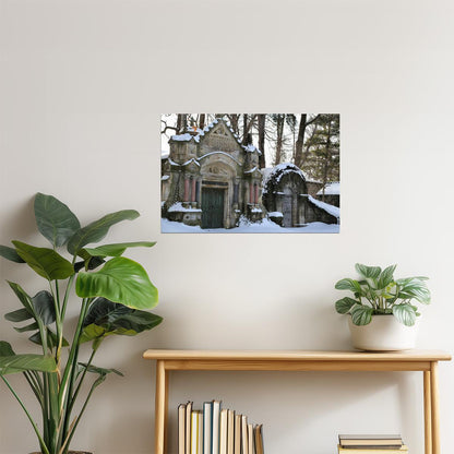 Snowy Mausoleums Poster | Lake View Cemetery Photography | Winter Wall Art