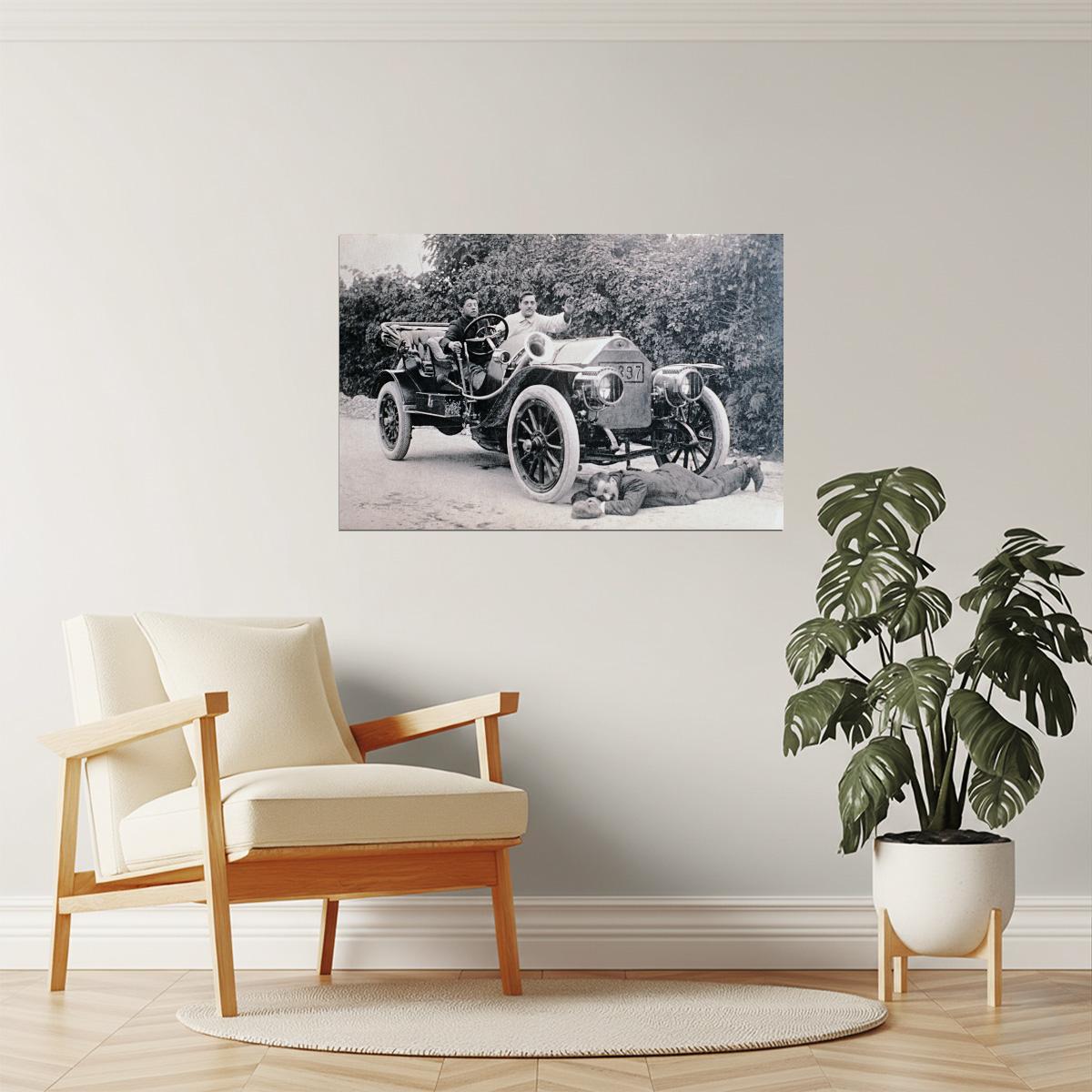 Man Hit By Car Funny Poster | Vintage Black and White Photo | Humorous Wall Art