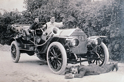 Man Hit By Car Funny Poster | Vintage Black and White Photo | Humorous Wall Art