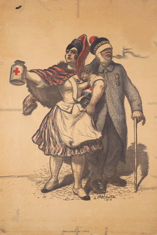 French Soldier with Red Cross Nurse | Vintage WWI Poster | Nostalgic Military Art - Vintage & Retro Poster