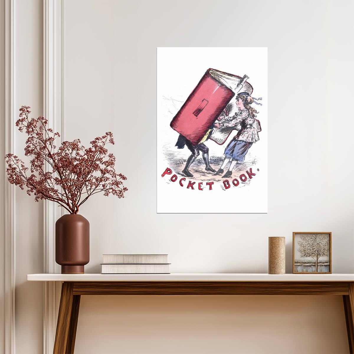 A Young Woman Carrying a Giant Pocket Book | Vintage Victorian Cartoon | Humorous Illustration Poster - Graphic & Art Poster