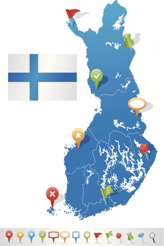 Finland Map | Blue Map with Flag and Location Icons Poster