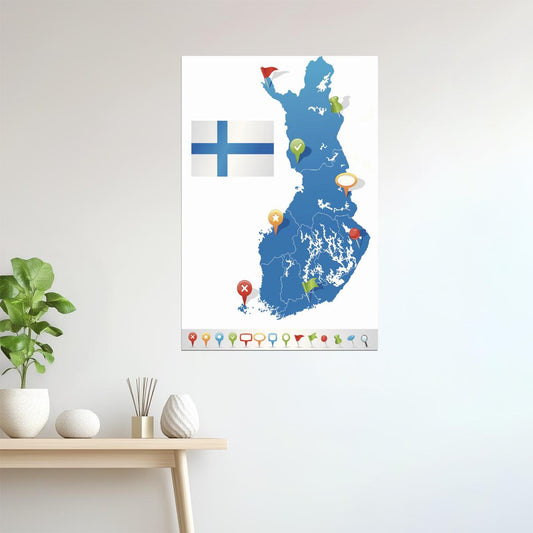 Finland Map | Blue Map with Flag and Location Icons Poster