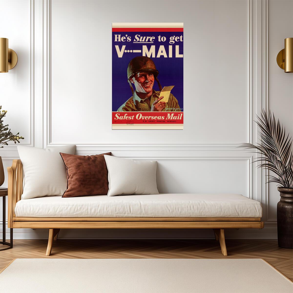 "He's Sure to Get V-Mail" | Safest Overseas Mail | WWII Propaganda Poster - Vintage & Retro Poster