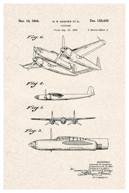Howard Hughes Flying Boat Patent | H-4 Hercules Diagram | Aviation History Poster - Vintage & Retro Poster