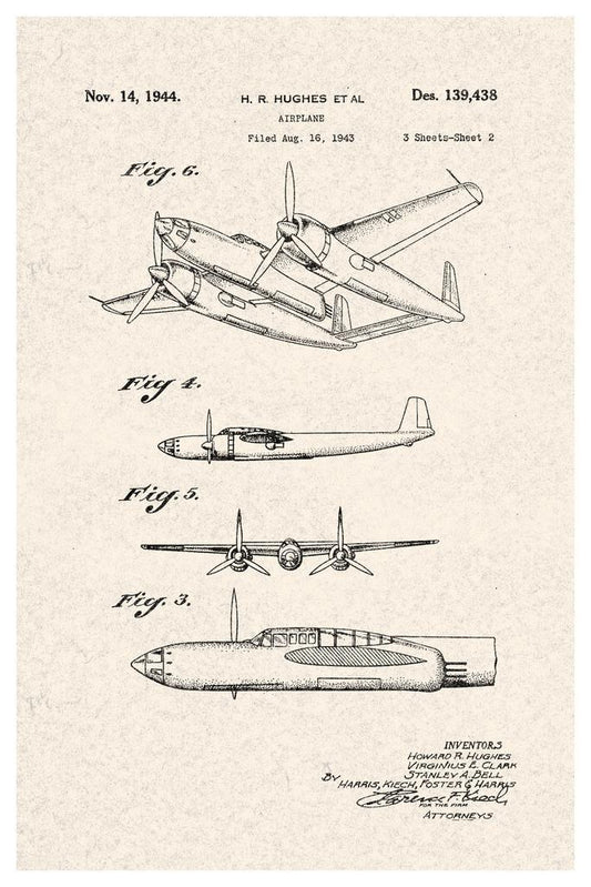 Howard Hughes Flying Boat Patent | H-4 Hercules Diagram | Aviation History Poster - Vintage & Retro Poster